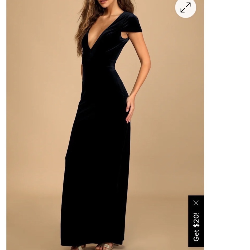 Lulus Feeling Flawless Navy Blue Velvet V-Neck Maxi Dress Cap Sleeve Gown sz M
